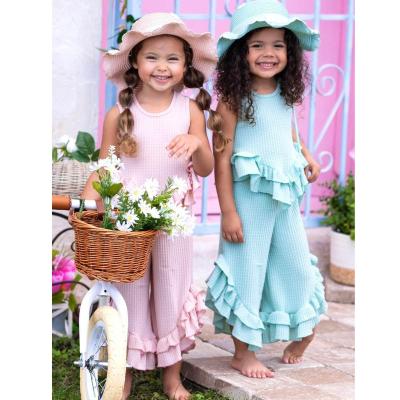 China Spring Breathable Custom Fun Waffle Weave Factory Ruffle Top and Palazzo Pants Pastel Set for Girl for sale