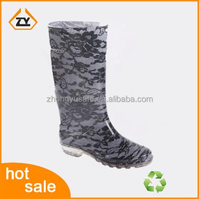 China Insulative PVC Material Black Lace Print Ladies Fashion Rain Boots Rubber Boots for sale