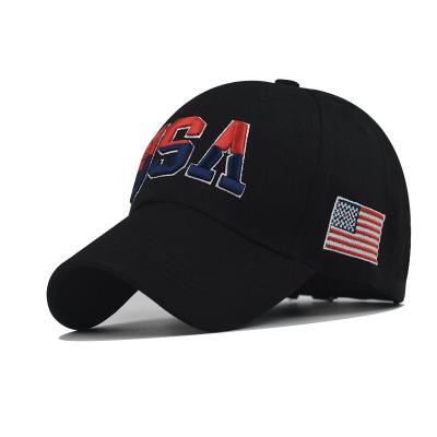 China Custom JOINT Logo Slogan USA 3D Embroidery Sports Hats 6 Panel Summer Ponytail Baseball Cap for sale