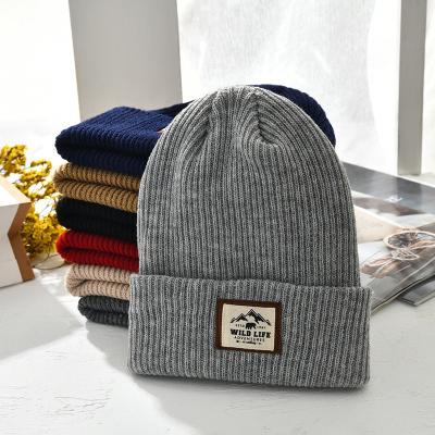 China JOINT Custom Leather Patch Beanies Ribbed Cuffed Knit Beanie Hat Winter Beanie Hat for sale