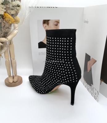 China Light Fashion Autumn Winter Black Beige Elastic Led Toe Stiletto Ankle Sock Women's High Heel Boots for sale