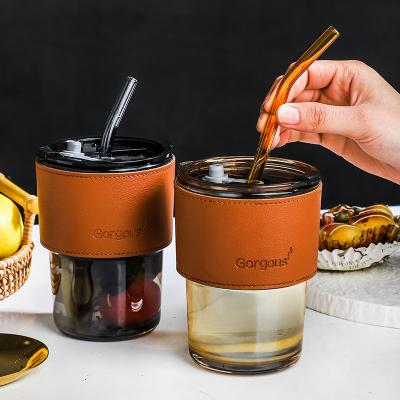 China 400ml 13.5oz viable hot sale glass mug with straw and lid to prevent leaking for sale