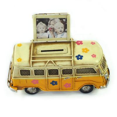 China Europe Handmade Metal Opens Classic Antique Vintage Coin Bank Photo Frame Bus Model Toy Gift for sale