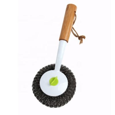 Κίνα Stainless Steel Household Cleaning Brush Round Wire With Bamboo Handle Kitchen Cleaning Ball προς πώληση