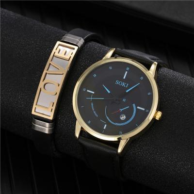 China Automatic Date 2pcs/set Luxury Mens Military Watches Fashion Temperament Mens Leather Watches Mens Sports Quartz Watches for sale