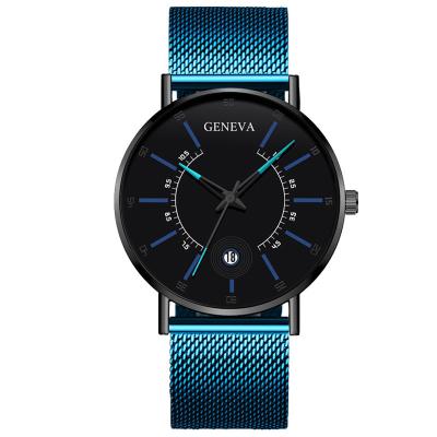 China Men's Quartz Watches Ultra Thin Blue Mesh Belt Simple Analog Watch Fashion Men's Date Watch Geneva Automatic Men's Watches for sale