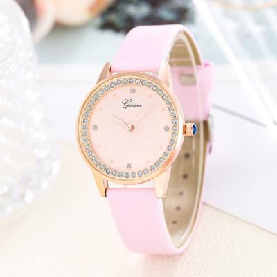 China Black Leather Strap Ladies Water Resistant Quartz Watch Fashion Rhinestone Peony Flower Dial Elegant Round Woman Analog Watch Black Leather Strap Festival Gift for sale