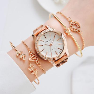 China Power Reserve 5 Pcs/Set Rhinestone Luxury Dial Design Watch Set Simple Rose Gold Stainless Steel Magnet Clasp Ladies Women Quartz Watches for sale