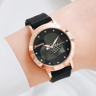 China Power Reserve Fashion Ladies Watch Women Rose Gold Peach Heart Dial Silicone Watch Black Strap Ladies Casual Quartz Watch for sale