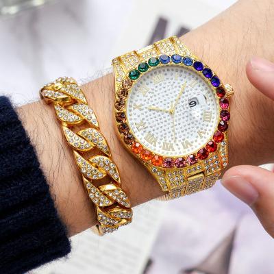 China Date new gold full Diamond Square Wrist moissanite automatic top brand watch stainless steel case luxury quartz watch back waterproof for sale