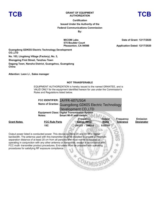 FCC - Guangdong Gdkes Electric Technology Development Co., Ltd.