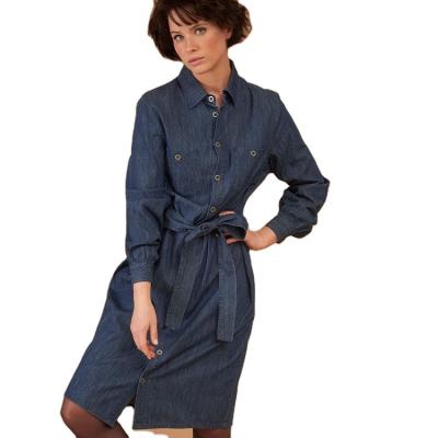 China 2022 Viable Wholesale Denim Shirt Jean Dress Long Sleeve With Stylish Belt For Woman for sale