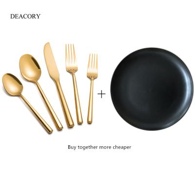 China Viable Wholesale Black Stoneware Dinner Dishes And Stainless Steel Gold Flatware Set For Wedding for sale