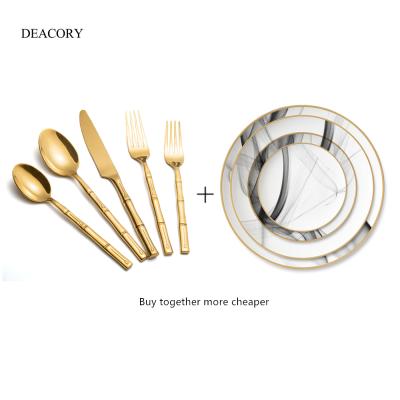 China Viable Wholesale 24pcs Stainless Steel Gold Cutlery Sets And Bone China Dish For Wedding Rental for sale