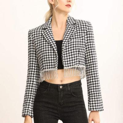 China Breathable Plaid Coat For Ladies Fashion Tassel Short Blazer Checks Party Woman's Jacket With Glow Fingered Elegant Houndstooth Blazer for sale