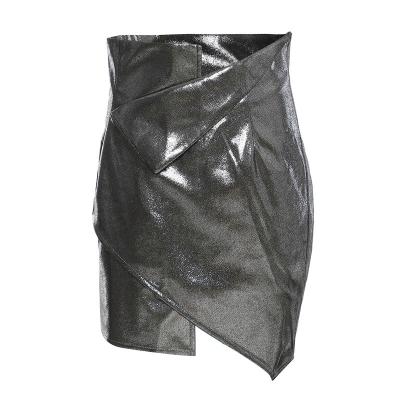 China Women's 100% Breathable Pu Skirt Silver Style Women's Street Party Hip Asymmetric Shiny Metallic Space Bag Short Skirt for sale