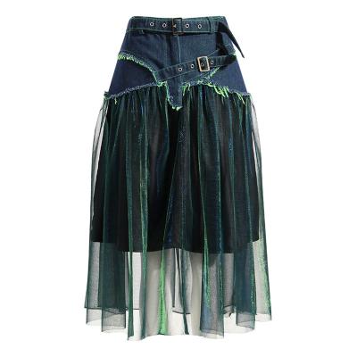 China Breathable High Waist Dazzle Denim Girls Skirt Combined Mesh Colorful Turquoise Washed Denim A Line Women's Skirts for sale