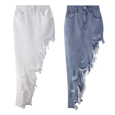 China Prendas asymmetrical ladies long and short denim destruction skirt women's casual style street vestir skirt Breathable denim skirt for sale