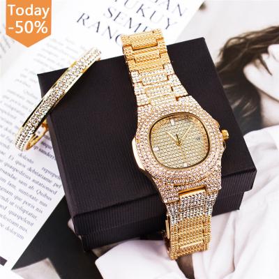 China 2022 Other New Style Luxury Iced Out Gold Watch Jewelry Relojes Hip Hop Bling Square Quartz Women Watches Full Watch for sale