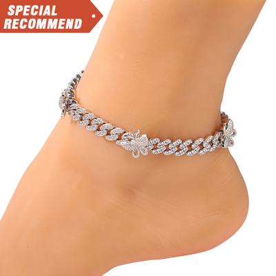 China 2022 Hip Hop Butterfly Cuban Link Anklet New Small Iced Out Cuban CZ Anklets Women Hip Hop Hitter Bling Foot Jewelry for sale