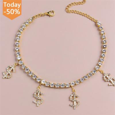 China Chain Dollar Sign Crystal Anklet For Women Sexy Rhinestone Tennis Bling Foot Jewelry Foot Anklet Novelty Pendant for sale