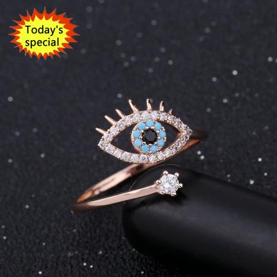 China Romantic Wholesale High Quality 18k Gold Plated CZ Crystal Eye Finger Open Adjustable Blue Zirconia Evil Eye Ring for sale