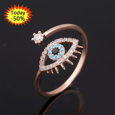 China Romantic Wholesale High Quality 18k Gold Plated CZ Crystal Eye Finger Open Adjustable Blue Zirconia Evil Eye Ring for sale