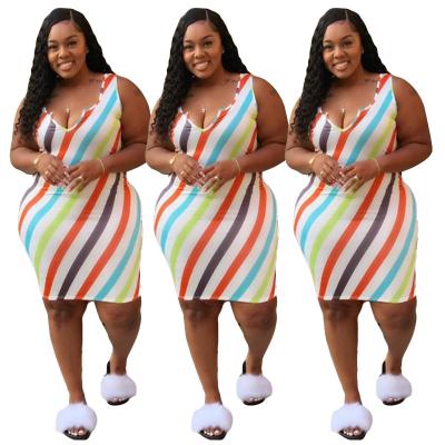 China 2022 summer anti-static women plus size dress V-neck stripe print sleeveless boho large size women's dresses for sale