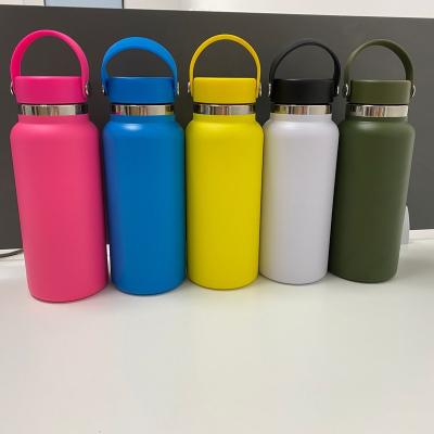 China 32oz 960ml New Flask Style PORTABLE Wide Mouth Water Bottle Double Wall Vacuum Keep Cold 24 Hours With Cable Handle Lid Matte Color for sale