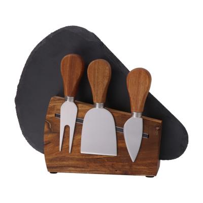 China Viable Personalized Engraved Cheese Knife and Slate Board Set with Wooden Holder Slate Cheese Board Knife Tool Kit for sale