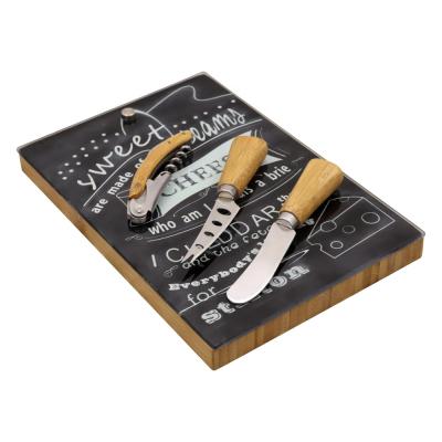 China Sustainable Bamboo Cheese Box Glass Panel With 3pcs Cheese Tools for sale