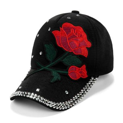 China JOINT Women's Handmade Rhinestone Baseball Cap Flower Crystal Decoration Hat Adjustable 5 Panel Female Hats for sale