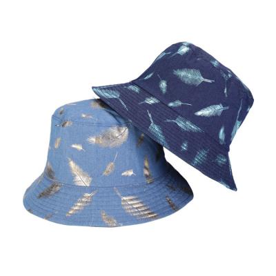 China Casual Wholesales Feather Print Denim Bucket Hat Custom Logo Folding Wide Brim Sun Hats for sale