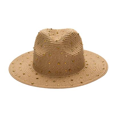 China Custom Wide Beach Sun Straw Hat Women Beach Fashion Rhinestone Decoration Panama Hat Wide Brim for sale