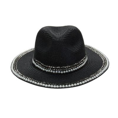 China Custom Wide Women Straw Hat Summer Beach Brim Logo Rhinestone Fedora Panama Hat Lovely Shape for sale