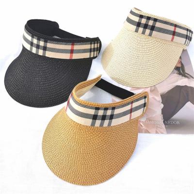 China Striped Women Straw Visor Hat Customized Plaid Sunscreen Overflow Blank Summer Beach Top Hats for sale