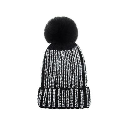 China COMMON Rhinestone Pom Pom Warm Hat For Women Bling Beanie Knitting Hats made to order Autumn Winter Acrylic Knit Hat for sale