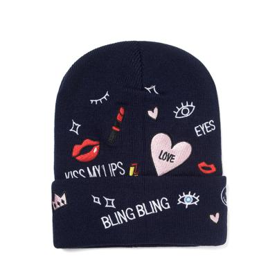 China Factory Embroidery Women's Beanie Cap Customized Knitted Hat High Quality Winter Warm Ski Hats for sale