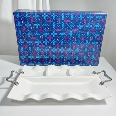 China Disposable Ceramic Tray With Metal Handle Fruit Dish Roast Chicken BBQ Dish Wedding Hotel Restaurant Tray Ceramic Dinner Dish for sale