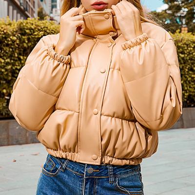 China Breathable Winter Parkas Thick Warm Short Women Fashion Black PU Leather Coats Ladies Stylish Zipper Cotton Jackets Outwear Plus Size for sale