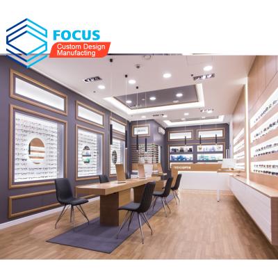 China Showroom furniture interior design wooden optical shop decoration for optical for sale