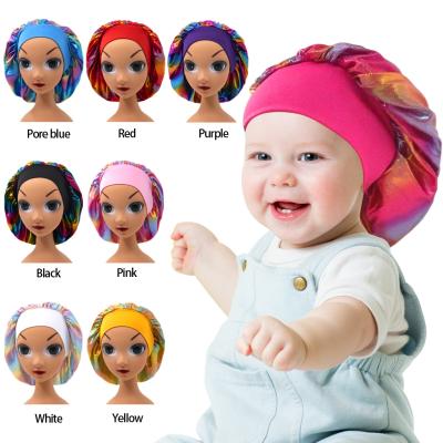 China Picture Children's Nightcap Hat Baby Hair Care Elastic Wide Brim Round Hat Printed Pattern Satin Hoods for sale