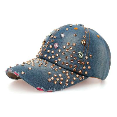 China JOINT Lattice Crystal Rhinestone Leather Strap Hat Floral 6 Panel Denim Baseball Cap for sale