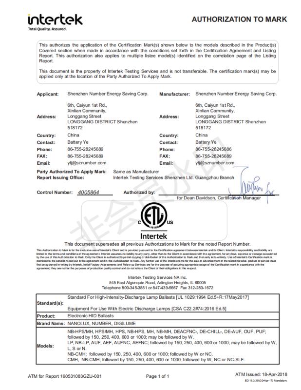 ETL - Huizhou Lamp Technology Co., Ltd.