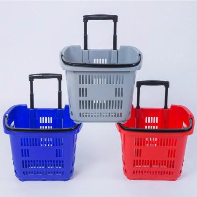 China Environmental Friendly Colorful Plastic Portable Shopping Basket Shopping Basket On Wheel Shopping Basketwith 4 Wheels For Supermarket for sale