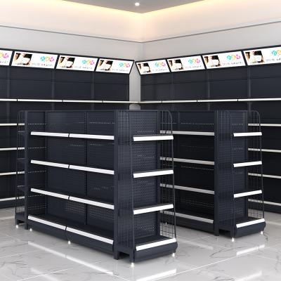 China New Design Black Double Sided Shelf Display Supermarket Shelves Double Side Storage Shelves Supermarket for sale