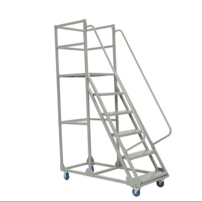 China Supermarket and Warehouse 300kg Corrosion Protection Platform Trolley Mobile Steel Trolley Climbing Step Ladder Truck with Platform for sale