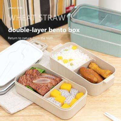 China 2 Layers Microwavable Food Container Eco Friendly Wheat Straw Bento Lunch Box Leakproof Microwave Airtight for sale