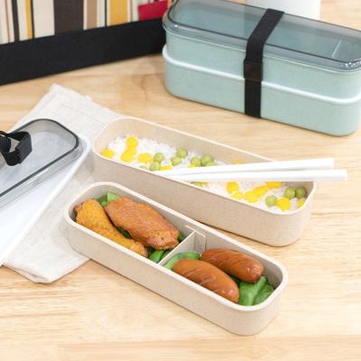 China Microwavable for Kids School with Wheat Portable Straw Bento Food Container Lunch Box 2 Layer Lids for sale