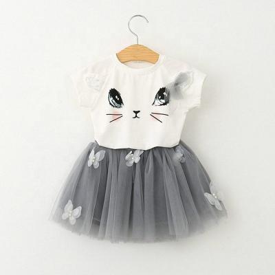 China Summer Sweet Kid Clothes Gray Soft Tutu Skirt Mesh Lace T-shirt Cat Short Sleeve Princess Girl Dress Two-Piece Set Child Clothing Suit for sale